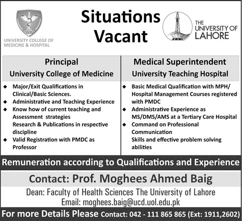 Principal and Superintendent Jobs in University of Lahore 16 Dec 2015