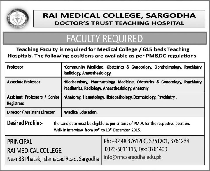 Professor and Director Jobs in Rai Medical College Sargodha 09 Dec 2015