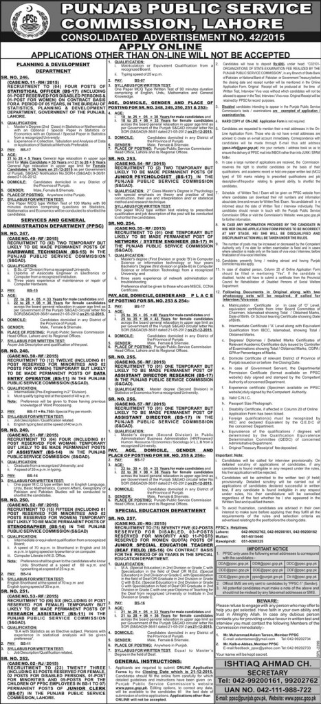 Punjab Public Service COmmission Lahore Jobs of Officers, Assistant Directors and Others 06 Dec 2015