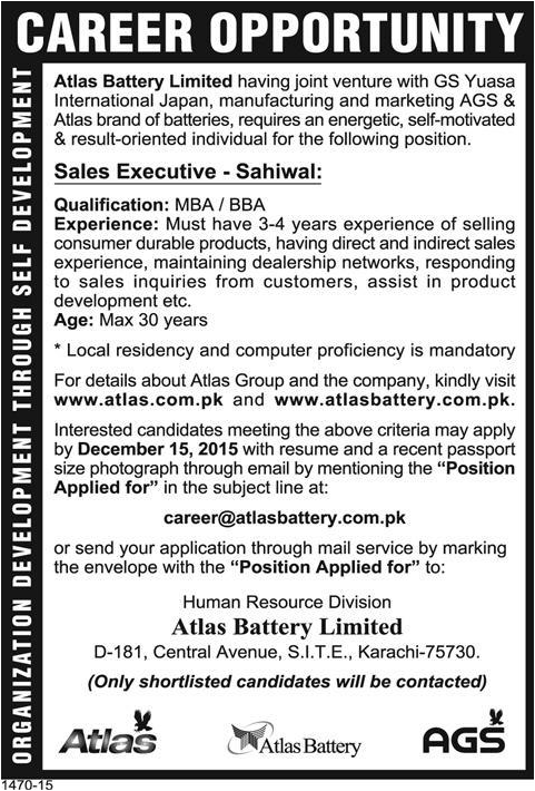 Sales Executive Job in Atlas Battery Limited
