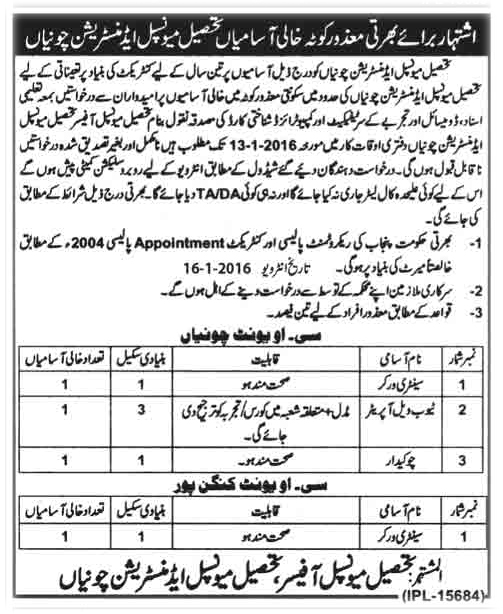 Sentry Worker Jobs in Tehsil Municipal Administration Chuniya