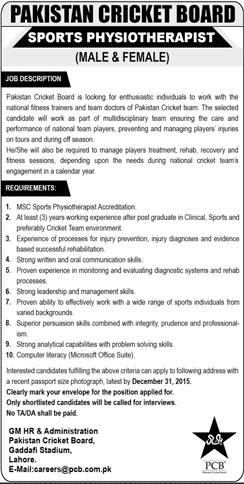 Sports Physiotherapist Jobs in Pakistan Cricket Board 16 Dec 2015