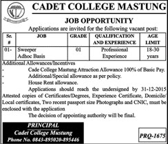 Sweeper Job in Cadet COllege Mastung 12 Dec 2015