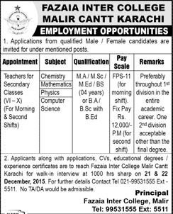 Teachers Job in Fazaia Inter College Malir Cantt Karachi