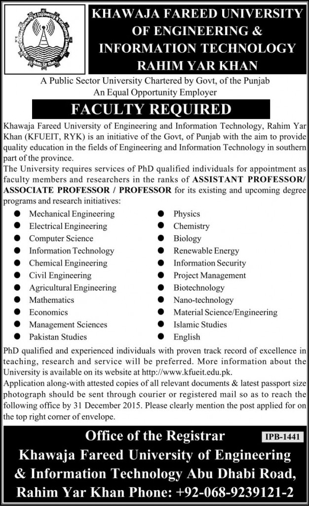 Teachers Jobs in Khawaja Fareed University 07 Dec 2015