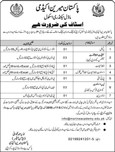 Teachers Jobs in Pakistan Marine Academy Model Secondary School 02 Dec 2015