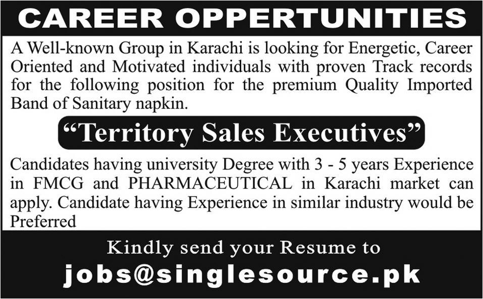 Territory Sales Executives Jobs in Well Known Group Karachi