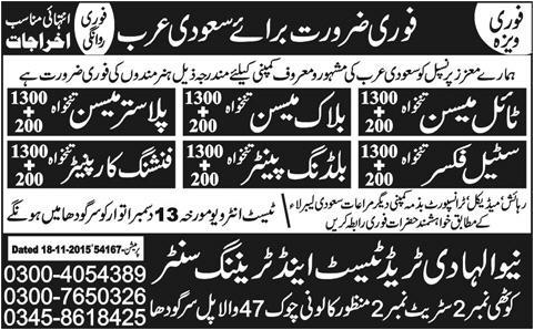 Tile Meson, Block Meson, Plaster, Fixer, Painter and Carpenter Jobs in Saudi Arab 10 Dec 2015