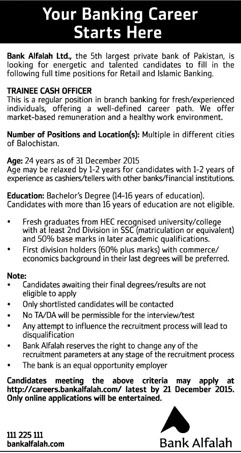 Trainee Cash Officer Jobs in Bank Alflah 13 Dec 2015