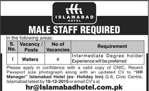 Waiters Jobs in Islamabad Hote 09 Dec 2015