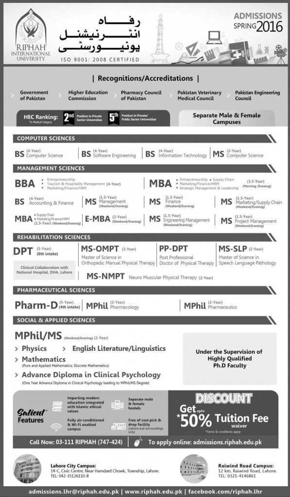 Admissions Spring 2016 in Riphah International University