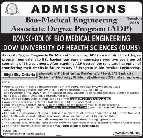 Admissions in DOW University of Health Sciences