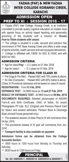 Admissions in Fazaia Inter College Korangi Creek