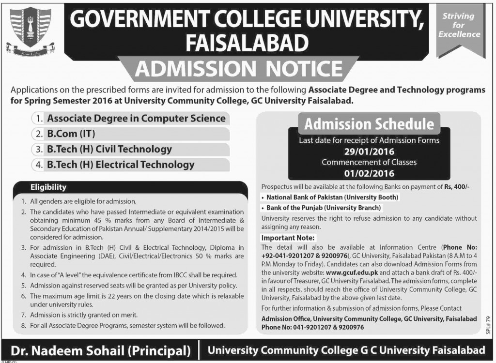 Admissions in Government College University Faisalabad