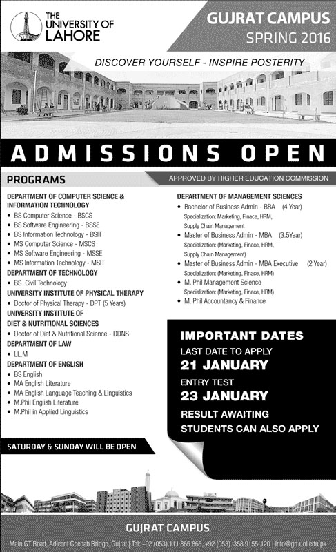 Admissions in Gujrat Campus University of Lahore