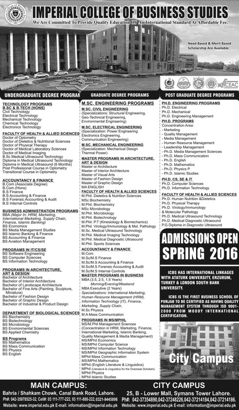 Admissions in Imperial College of Business Studies