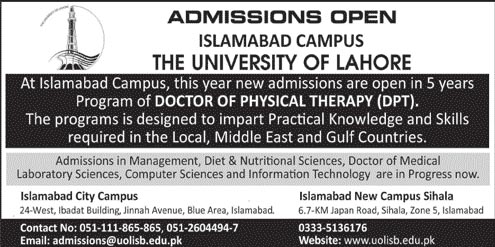 Admissions in Islamabad Campus The University of Lahore