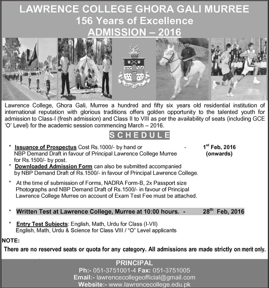 Admissions in Lawrence College Gohra Gali Murree