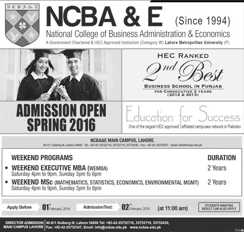 Admissions in National College of Business Administration && Economics