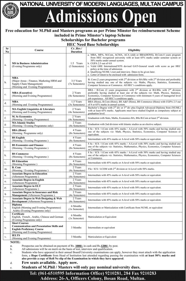 Admissions in National University of Modern Languages, Multan
