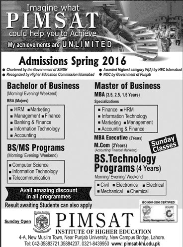 Admissions in PIMSAT for Bachelors and Masters