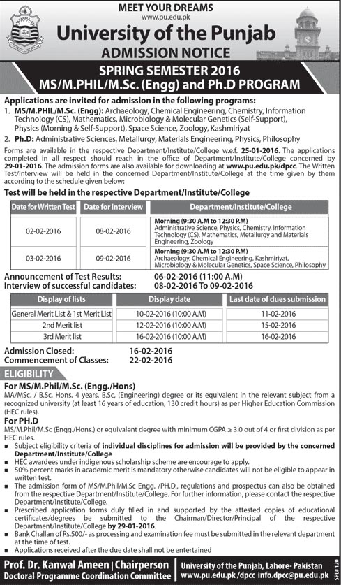 Admissions in University of Punjab