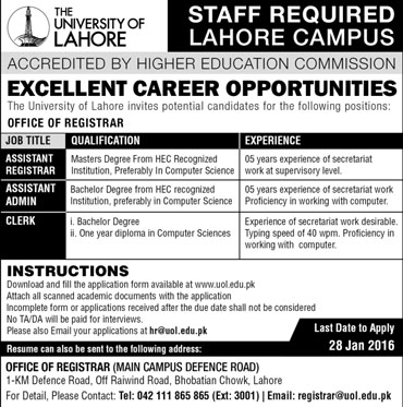 Assistant, Admin and Clerk Job in the University of Lahore