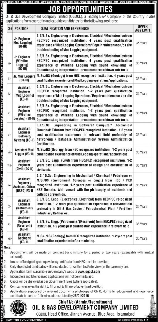 Assistant and Engineers Jobs in Oil & Gas Development Company Limited