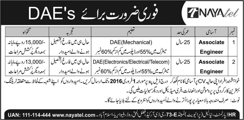 Associate Engineer Jobs in Naya Tel Islamabad Pakistan