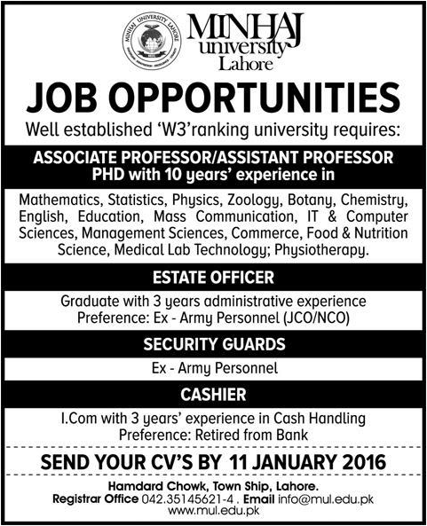 Associate Professor Assistant Professor Jobs in Minhaj University