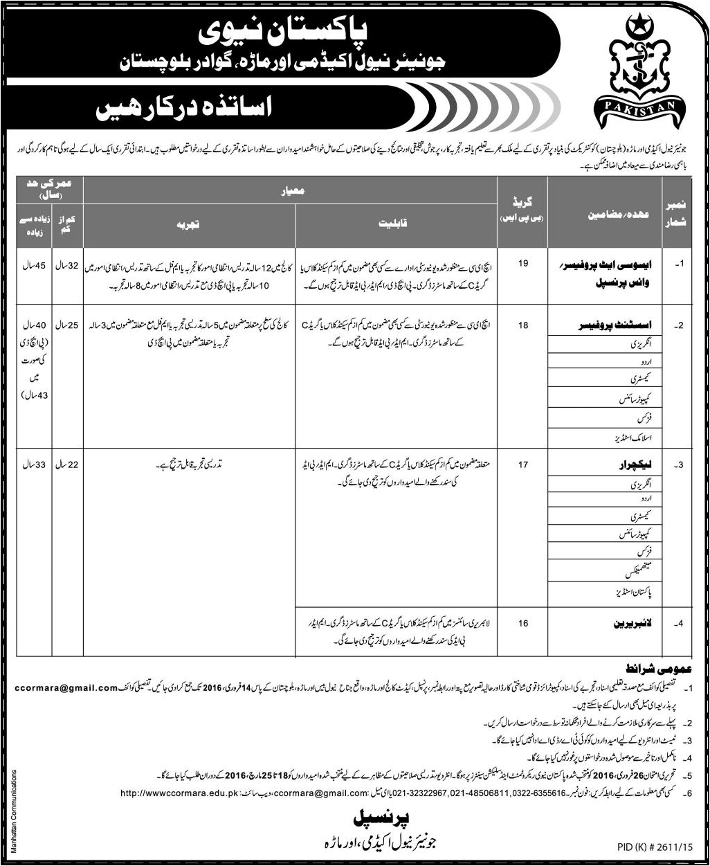Associate Professor Voice Principal Assistant Professor Lecturar Laibrarian Jobs in Pakistan Nevy Junior Neval Academy Gawader Baluchistan