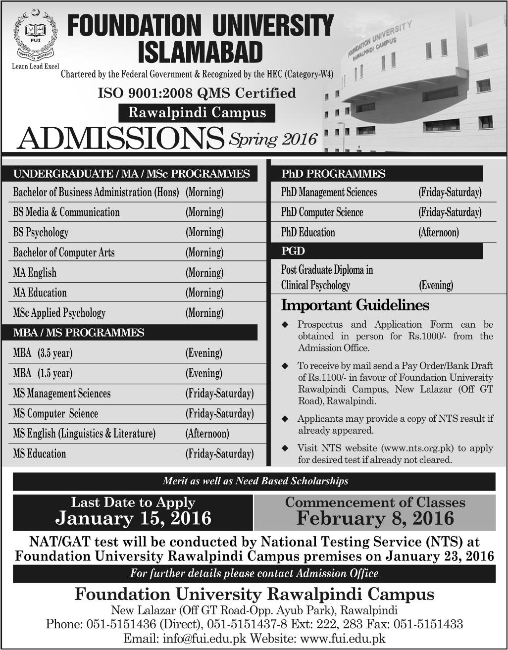 BS PhD and MBA MS Admissions in Foundations University Islamabad