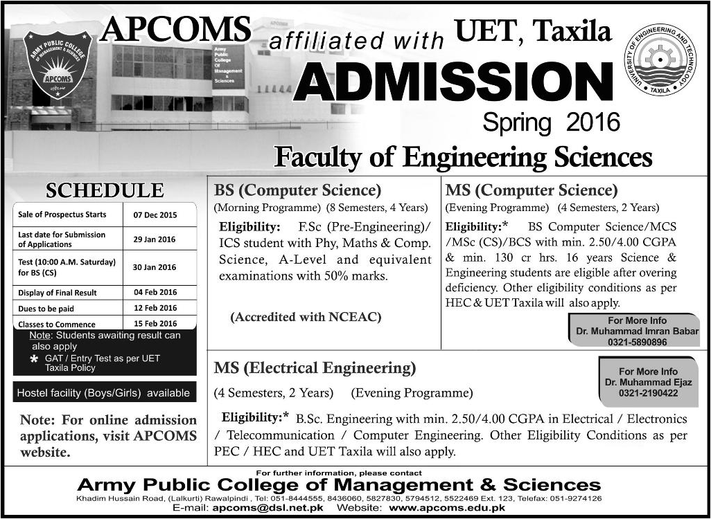 BS and MS Admissions in Army Public College of Faculty of Engineering Sciences