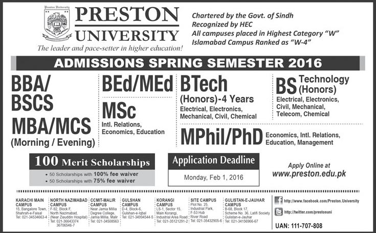 Bachelors Admissions in Preston University