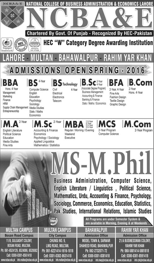 Bachelors and Masters Admissions in NCBA&E