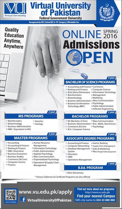 Bachelors and Masters Admissions in Virtual University of Pakistan
