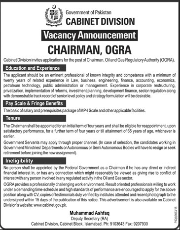 Chairman Jobs in Cabinet Division Govt of Pakistan