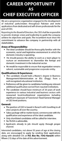 Cheif Executive Officer Jobs in Industrial Parks Estates Throughout Pakistan