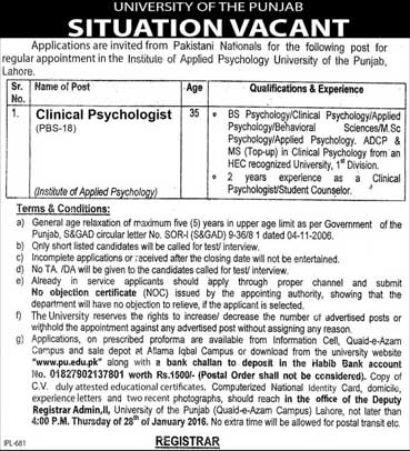 Clinical Psychologist Jobs in University of the Punjab