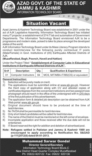 Computer Instructors Jobs in Azad Govt of the State of Jammu & Kashmir