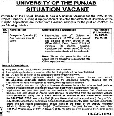 Computer Operator Jobs in University of the Punjab