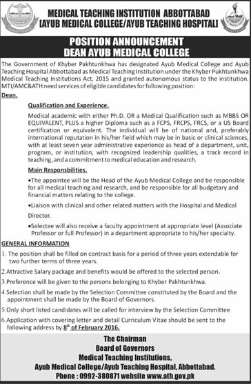 Dean Jobs in Medical Teaching Institution ABbottabad