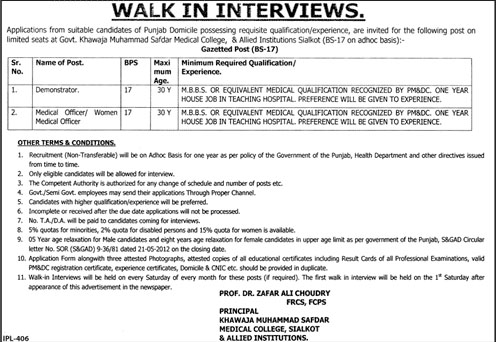 Demonstrator and Medical Officer Jobs in Govt Khawaja Muhammad Safdar Medical College