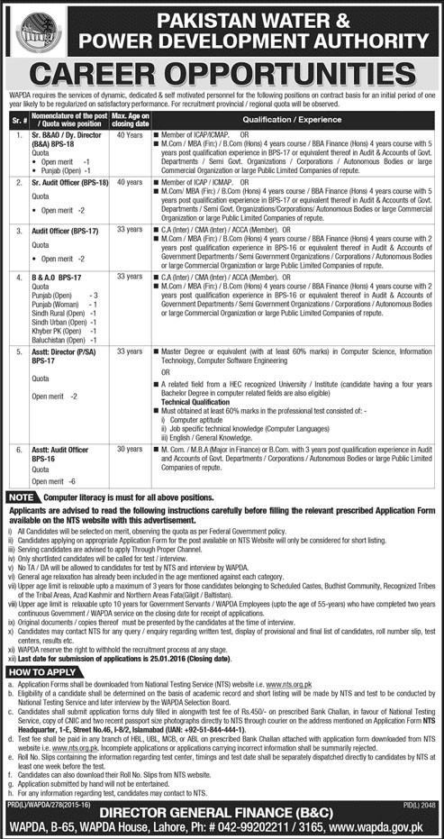 Director and Auditor Jobs in Pakistan Water & Power Development Authority