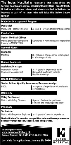 Doctor, Officer, Technician, Manager, Padiatrist Jobs in Indus Hospital