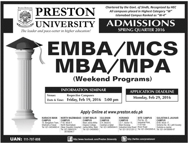 EMBA MCS MBA MPA Admissions in Preston University