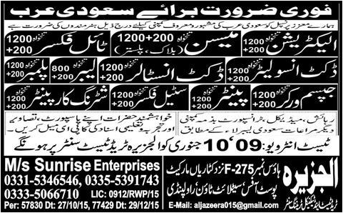 Electrician Meson Tile Fixer Labor and Plumber Jobs Saudi Arab