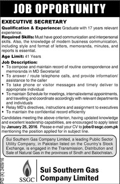 Executive Secretary Job in Suit Southern Gas Company Limited