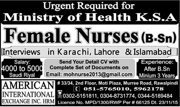 Female Nurses Jobs in Ministry of Health K.S.A