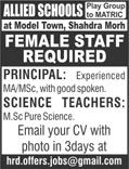 Female Principal and Science Teachers Jobs in ALlied Schools